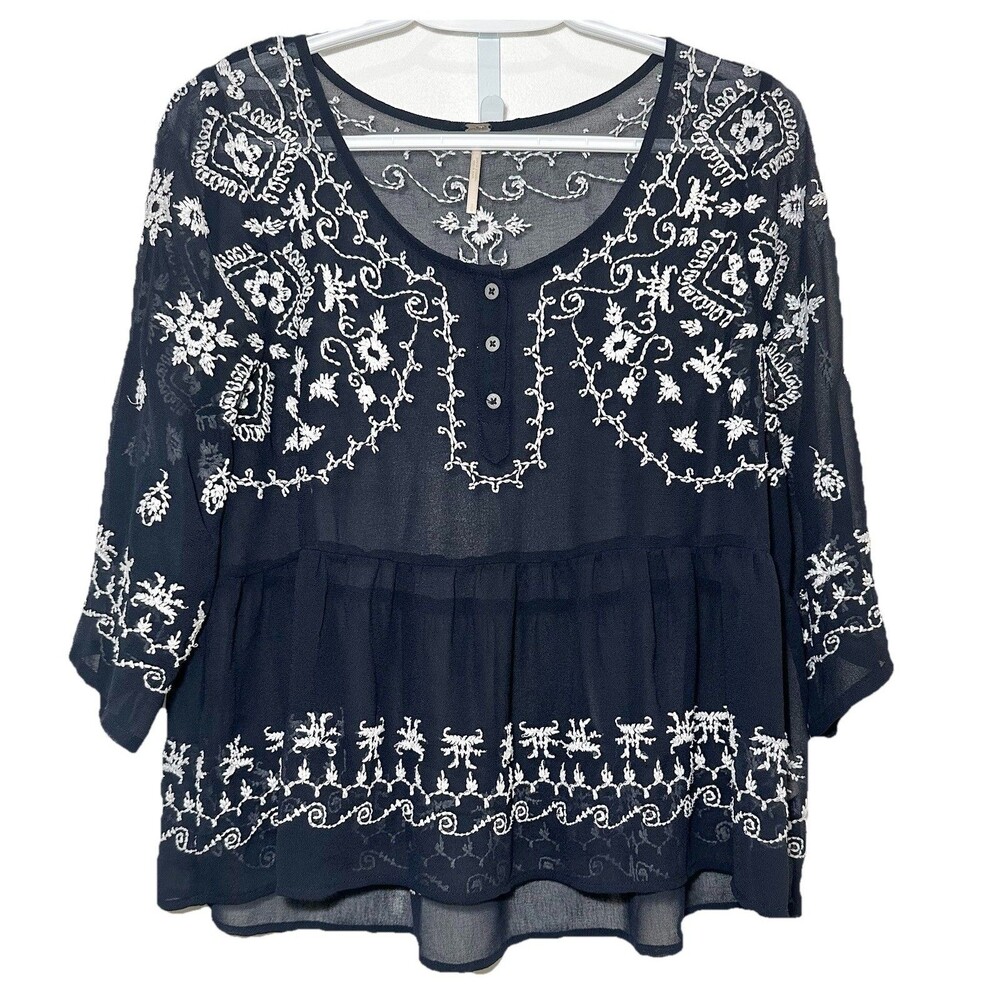 Free People Pennies Sequel Sheer Embroidered Babydoll Top S
